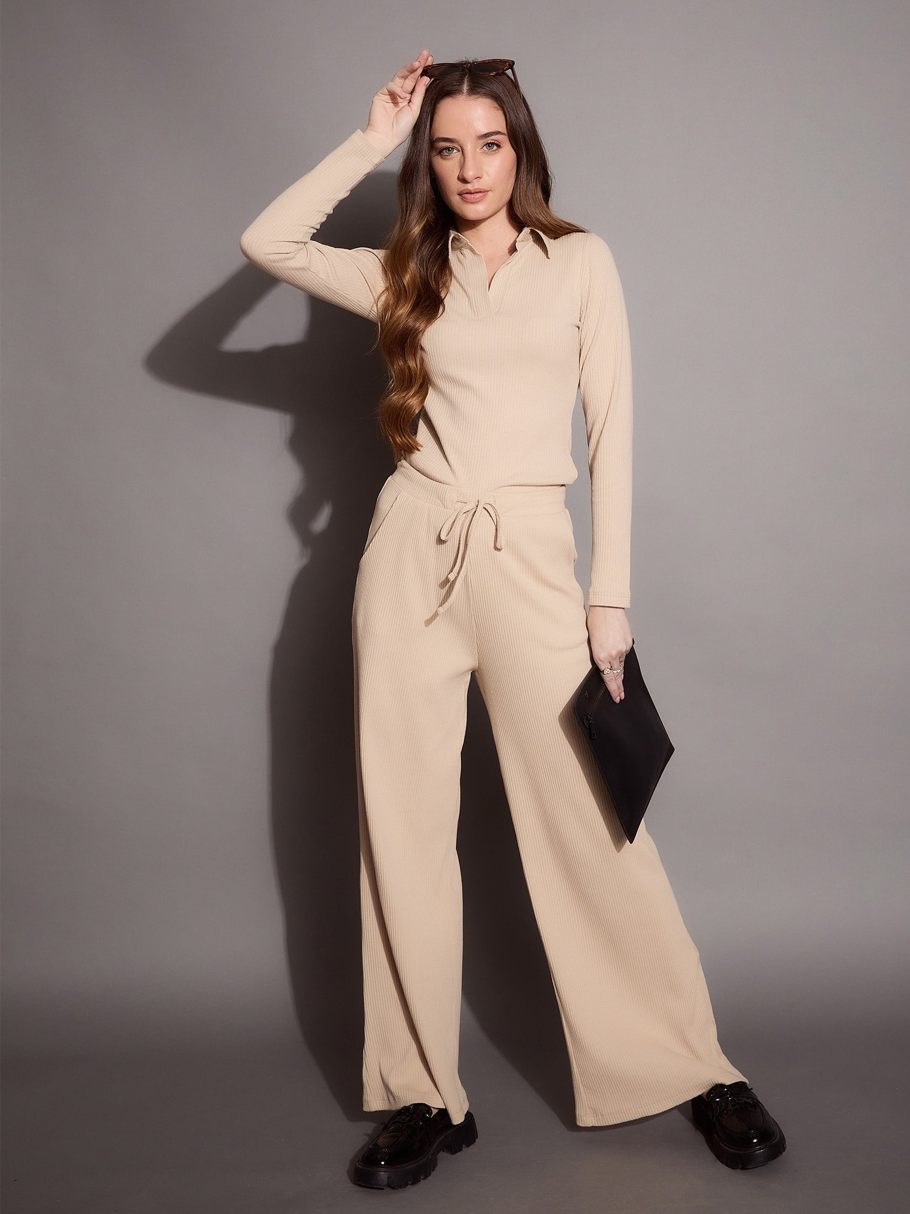 Beige Rib Drawstring Pants-SASSAFRAS BASICS