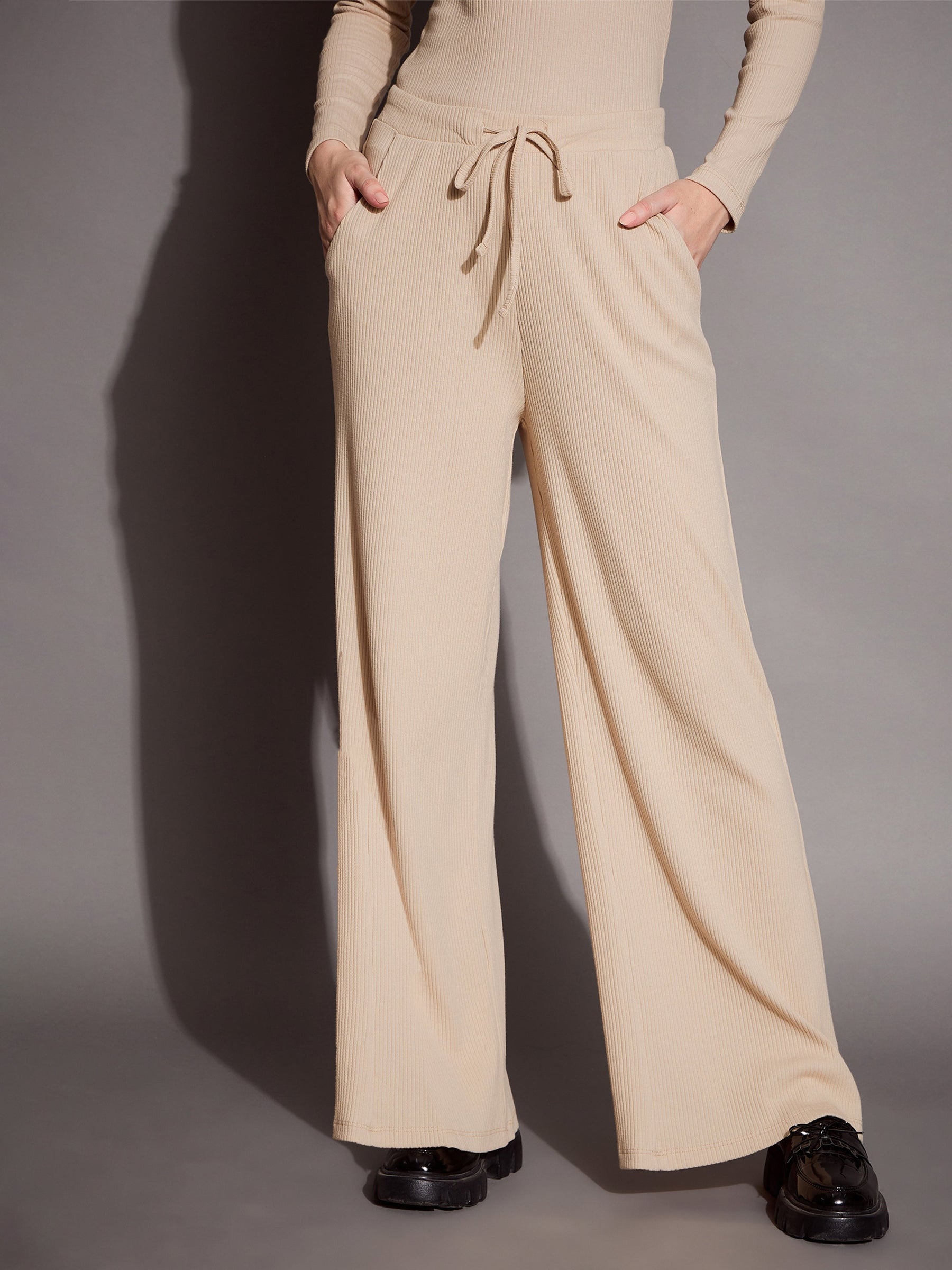 Beige Rib Drawstring Pants-SASSAFRAS BASICS