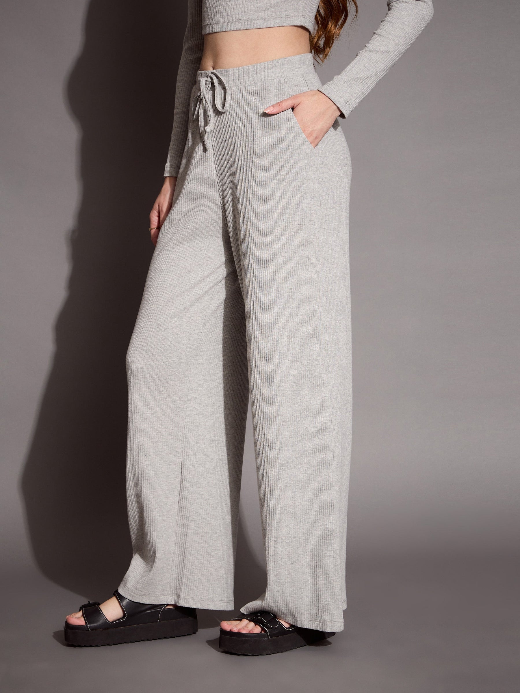 Grey Melange Rib Drawstring Pants-SASSAFRAS BASICS