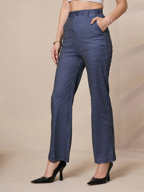 Navy Striped Straight Fit Trousers-SASSAFRAS worklyf