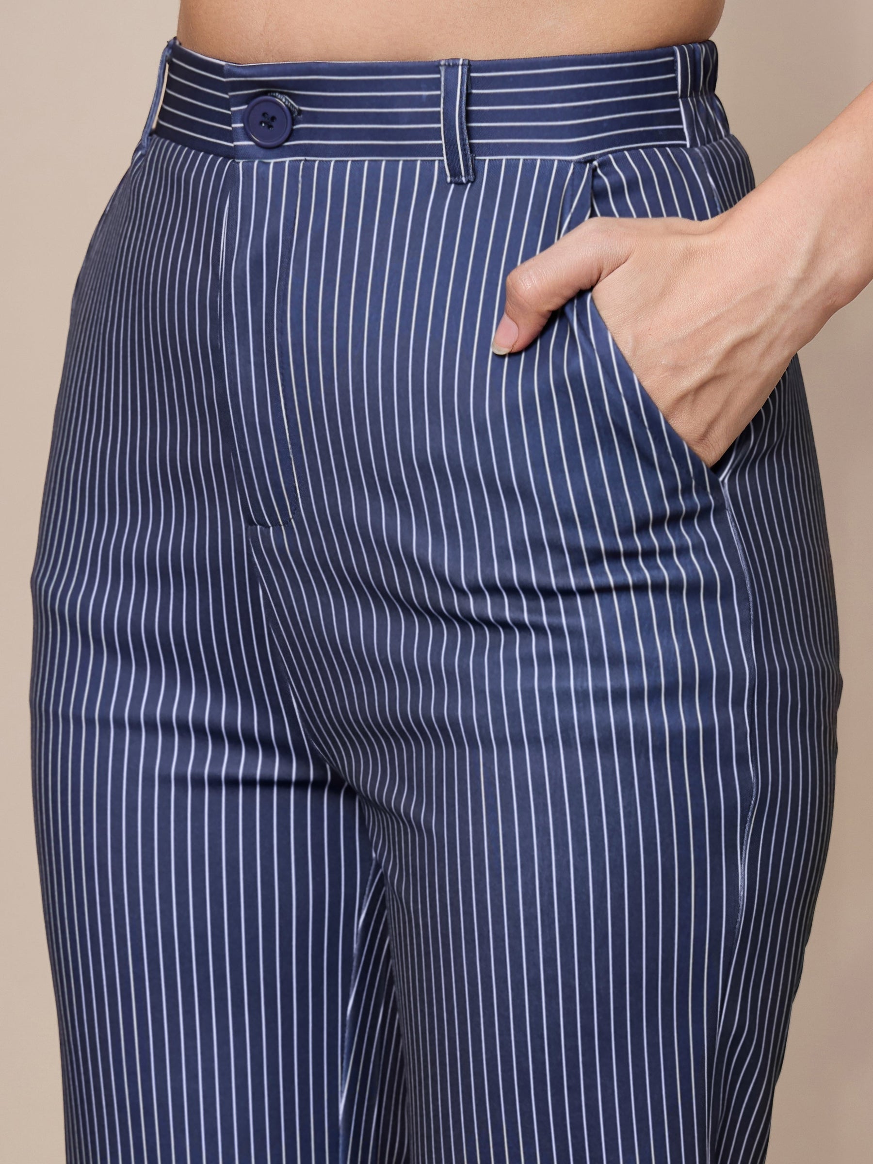 Navy Striped Straight Fit Trousers-SASSAFRAS worklyf