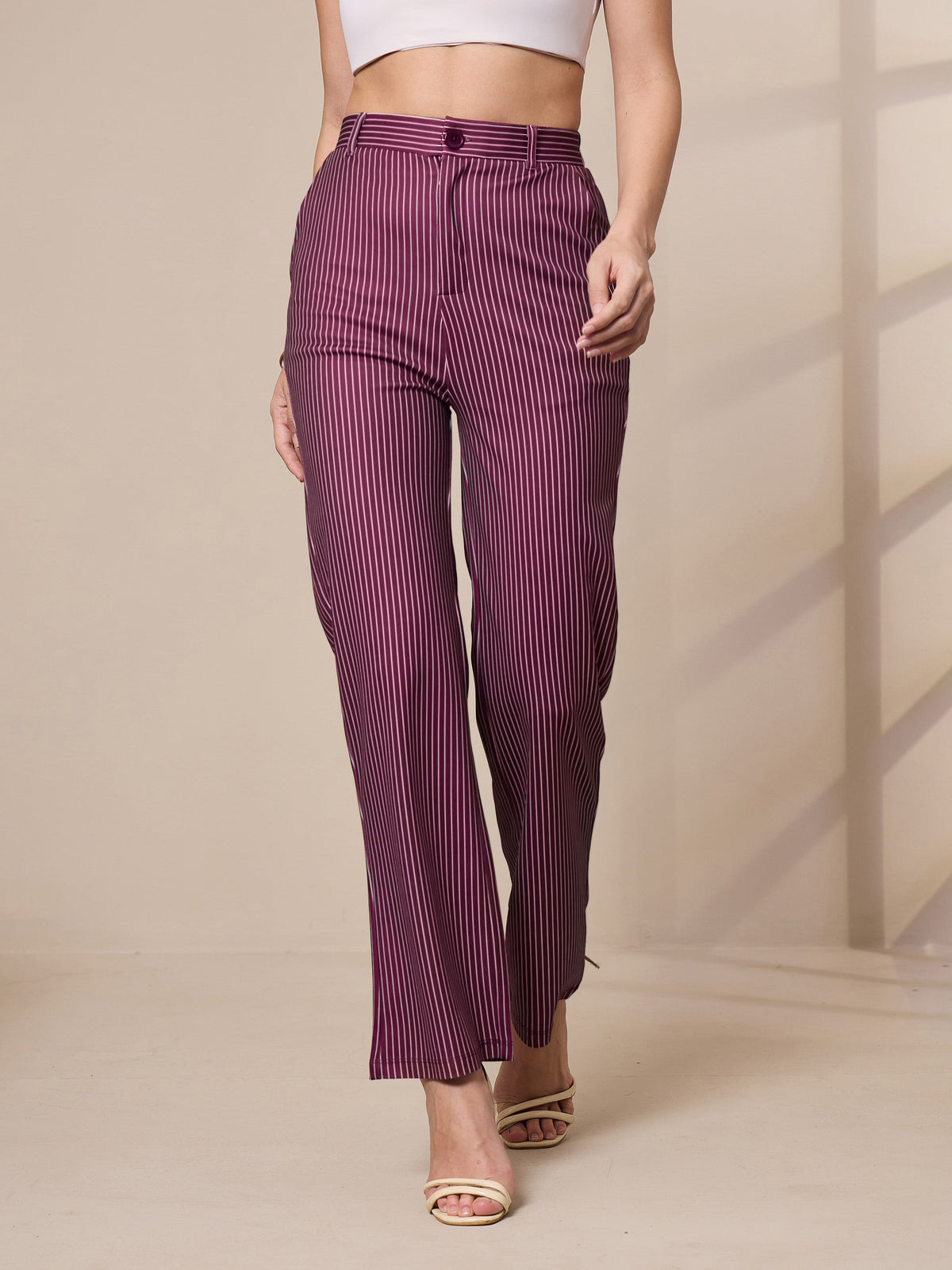 Maroon Striped Straight Fit Trousers-SASSAFRAS worklyf