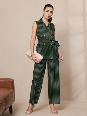 Green Striped Straight Wide Leg Trousers-SASSAFRAS worklyf