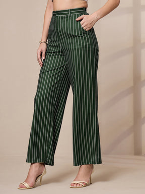 Green Striped Straight Wide Leg Trousers-SASSAFRAS worklyf