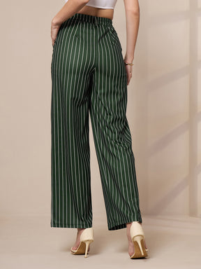 Green Striped Straight Wide Leg Trousers-SASSAFRAS worklyf