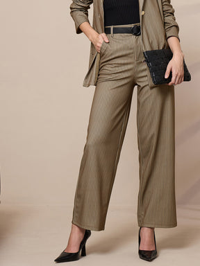 Beige Striped Straight Wide Leg Trousers-SASSAFRAS worklyf