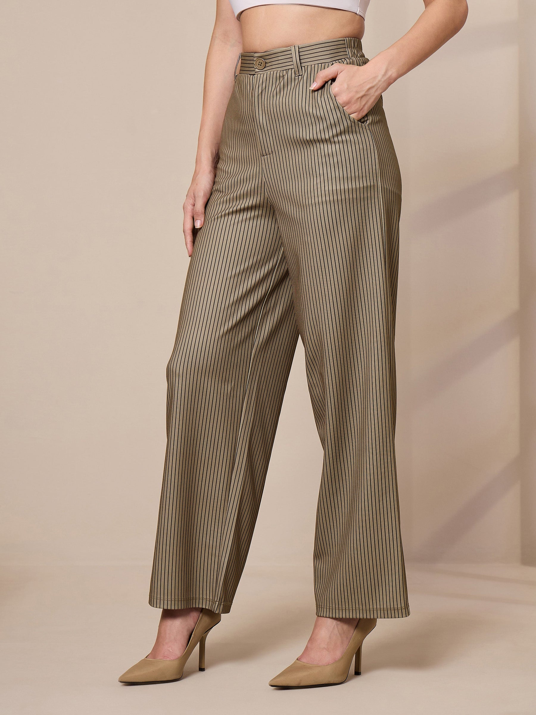 Beige Striped Straight Wide Leg Trousers-SASSAFRAS worklyf