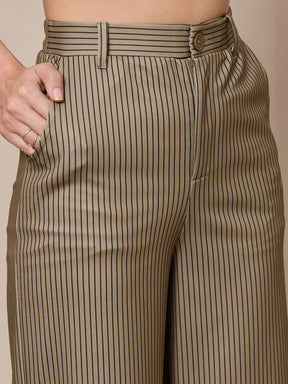 Beige Striped Straight Wide Leg Trousers-SASSAFRAS worklyf