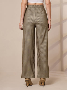 Beige Striped Straight Wide Leg Trousers-SASSAFRAS worklyf