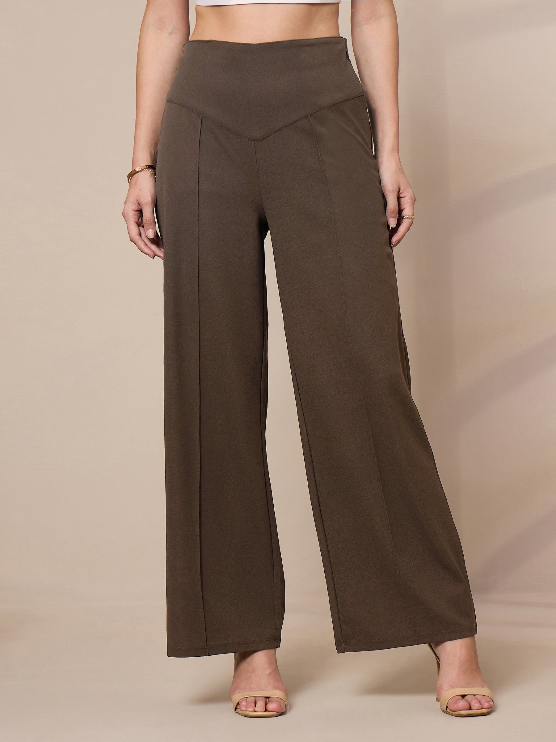 Brown Front Darted Elasticated Pants-SASSAFRAS worklyf