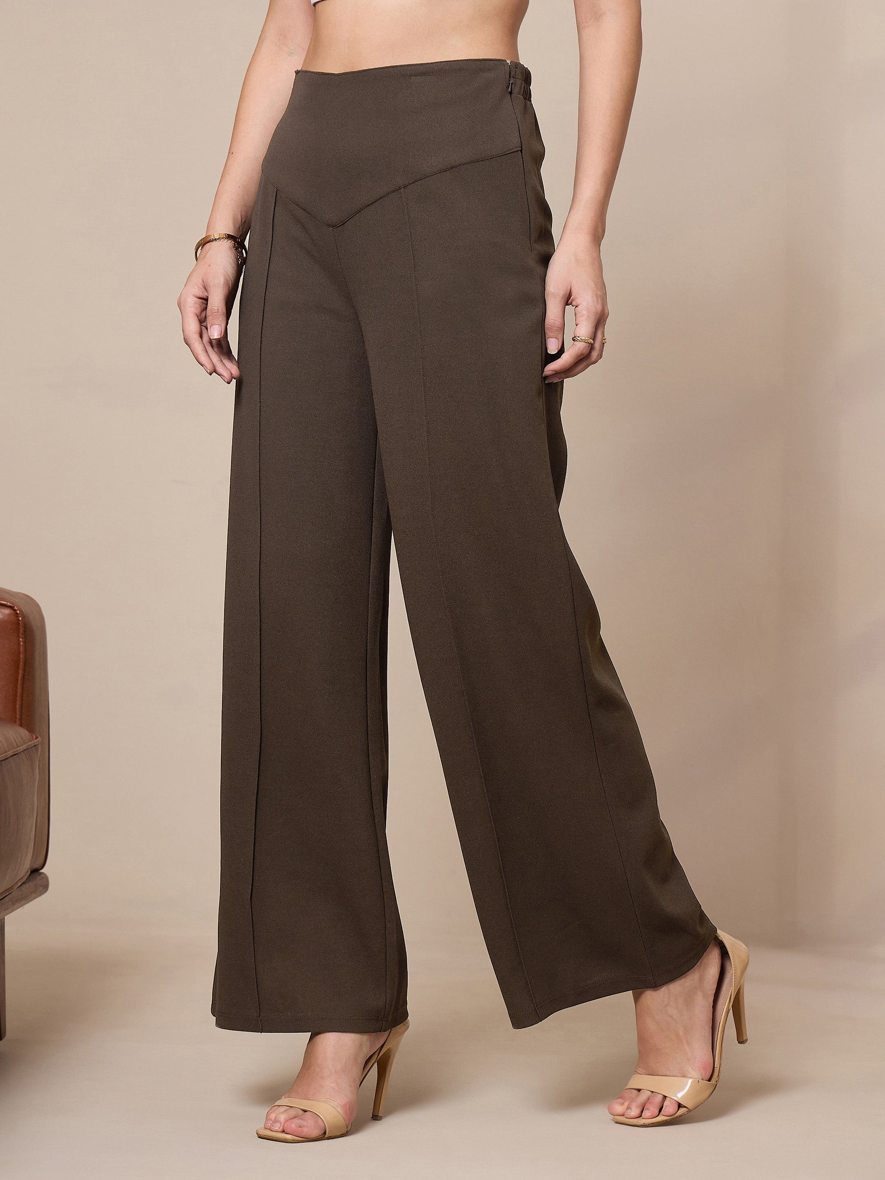 Brown Front Darted Elasticated Pants-SASSAFRAS worklyf