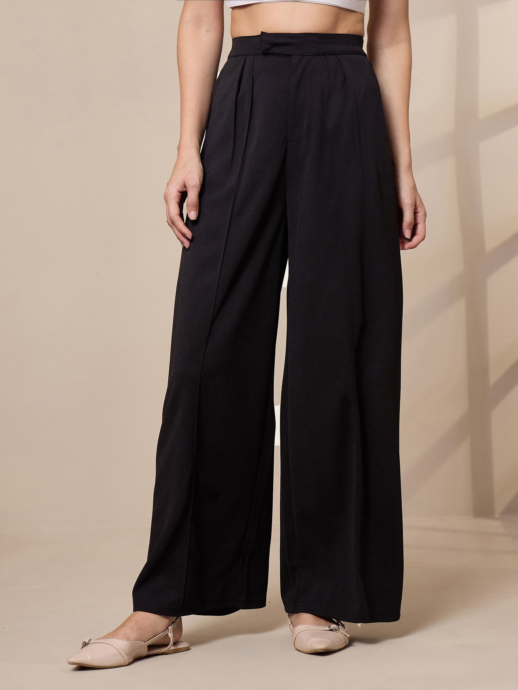 Black Pleated Wide Leg Trousers-SASSAFRAS worklyf