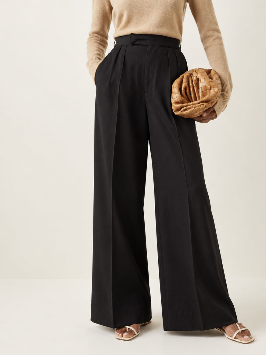 Women Black Pleated Wide Leg Trousers
