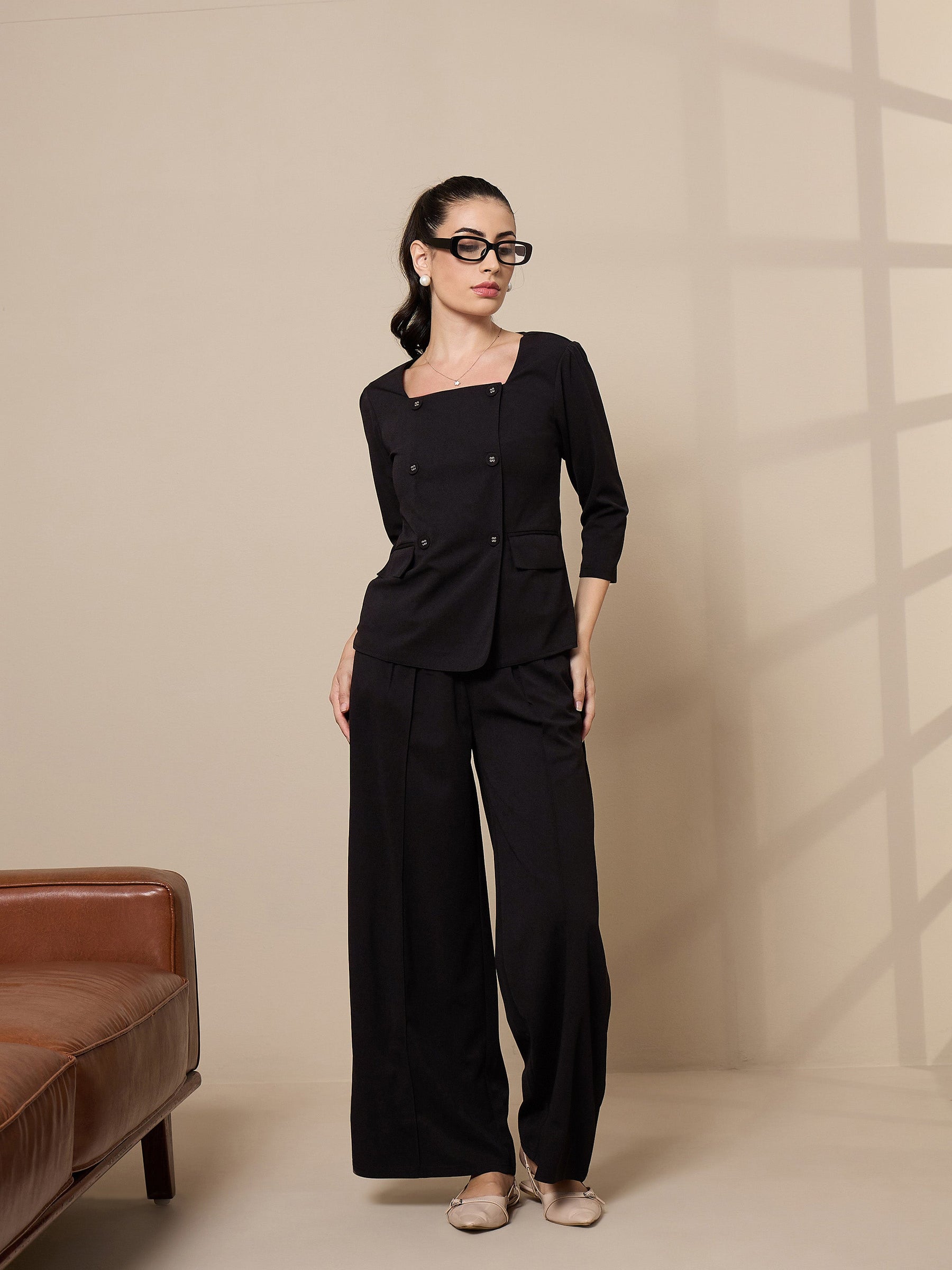 Black Pleated Wide Leg Trousers-SASSAFRAS worklyf