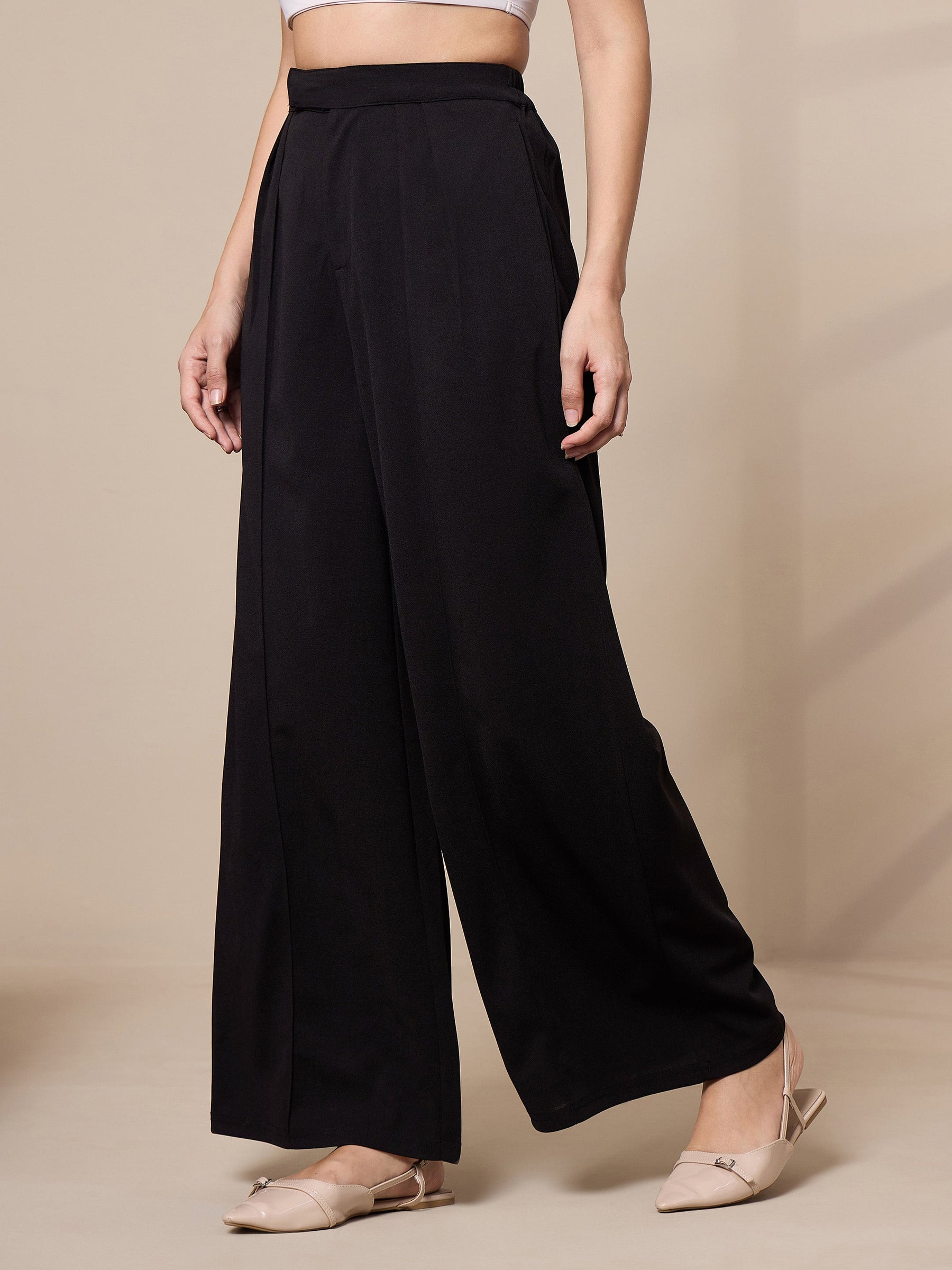 Black Pleated Wide Leg Trousers-SASSAFRAS worklyf