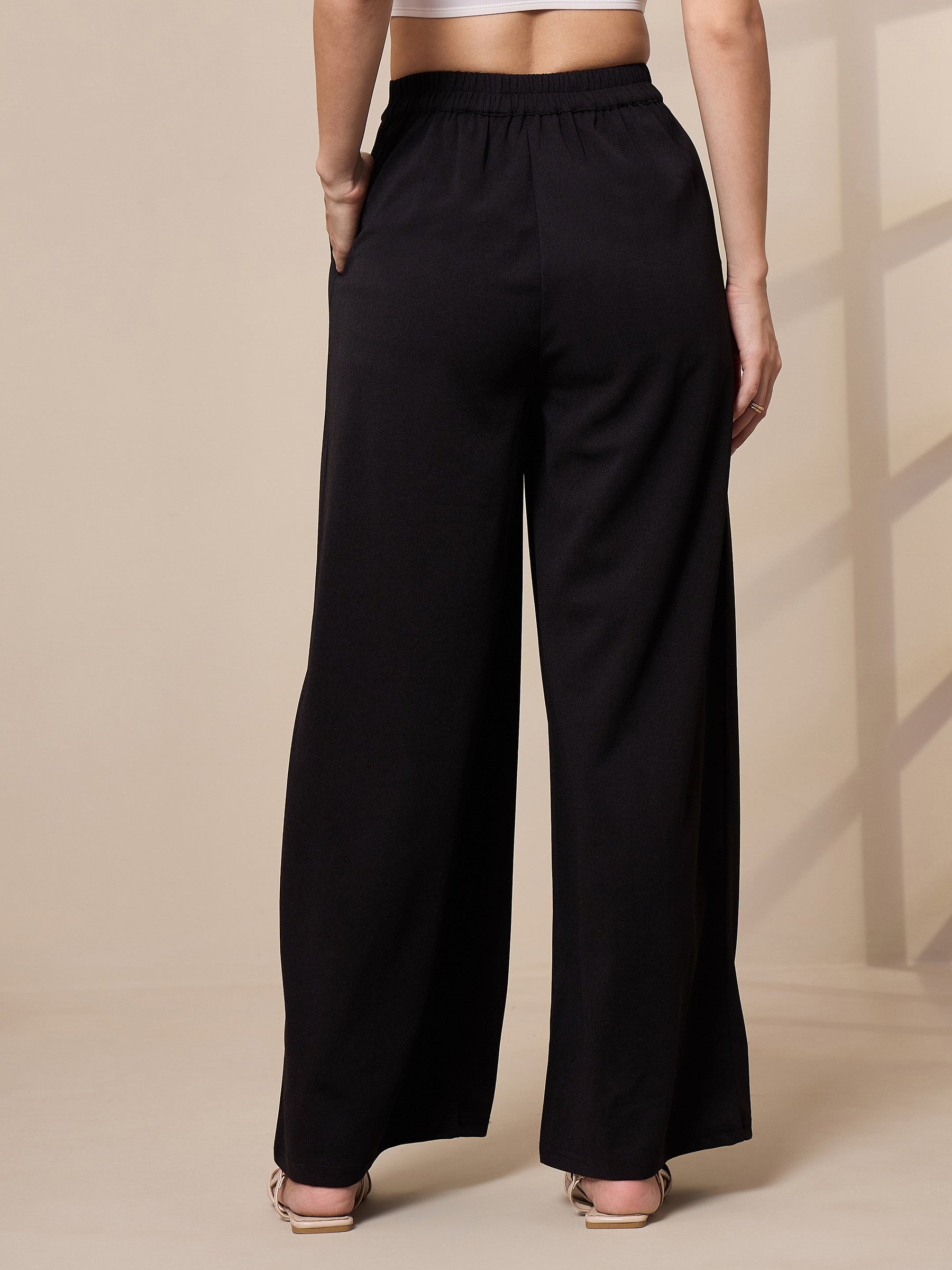 Black Pleated Wide Leg Trousers-SASSAFRAS worklyf