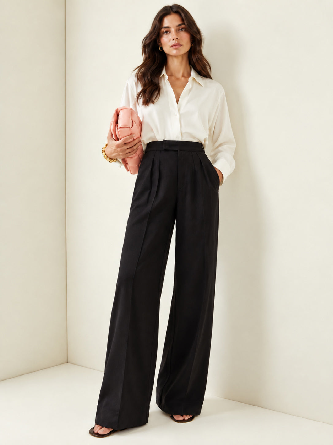 Black Pleated Wide Leg Trousers-SASSAFRAS