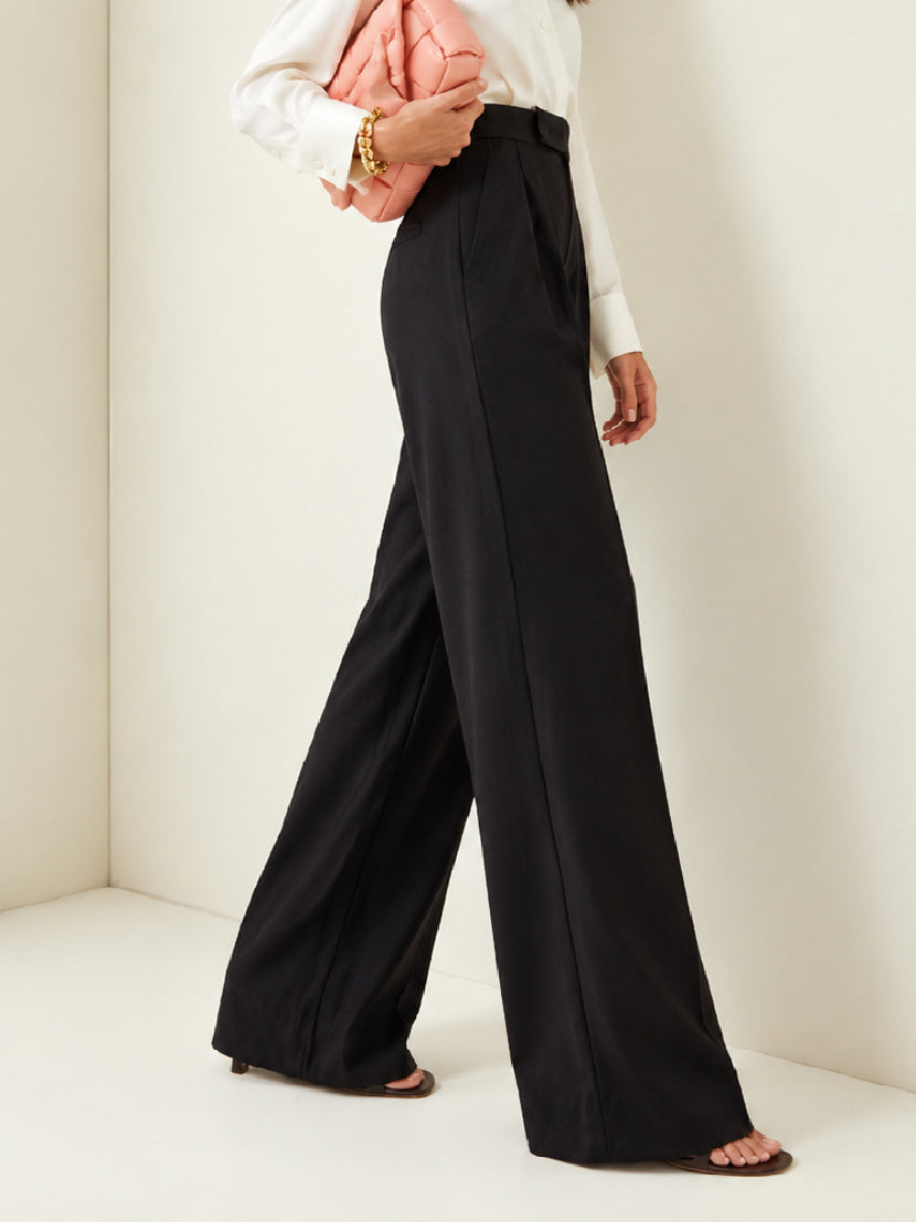 Black Pleated Wide Leg Trousers-SASSAFRAS