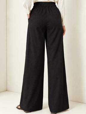 Black Pleated Wide Leg Trousers-SASSAFRAS