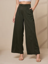 Olive Pleated Wide Leg Trousers-SASSAFRAS worklyf