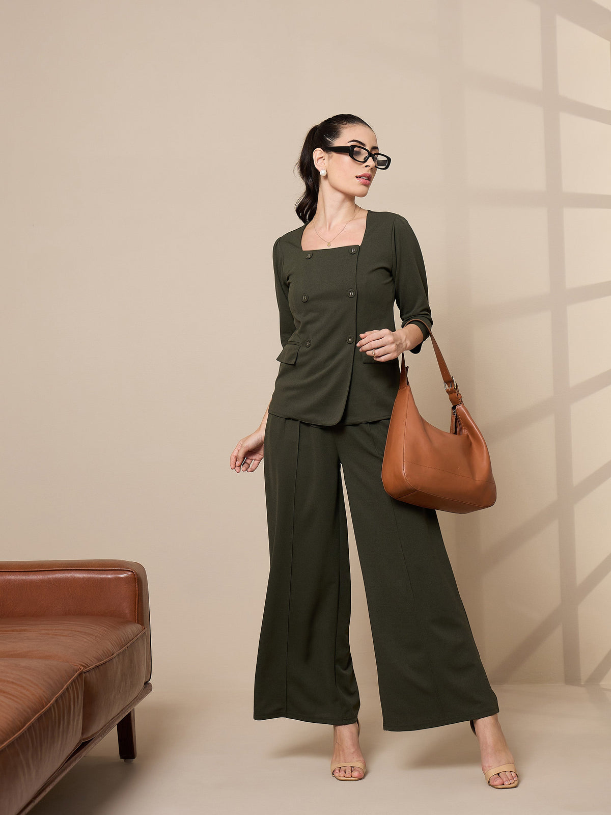 Olive Pleated Wide Leg Trousers-SASSAFRAS worklyf