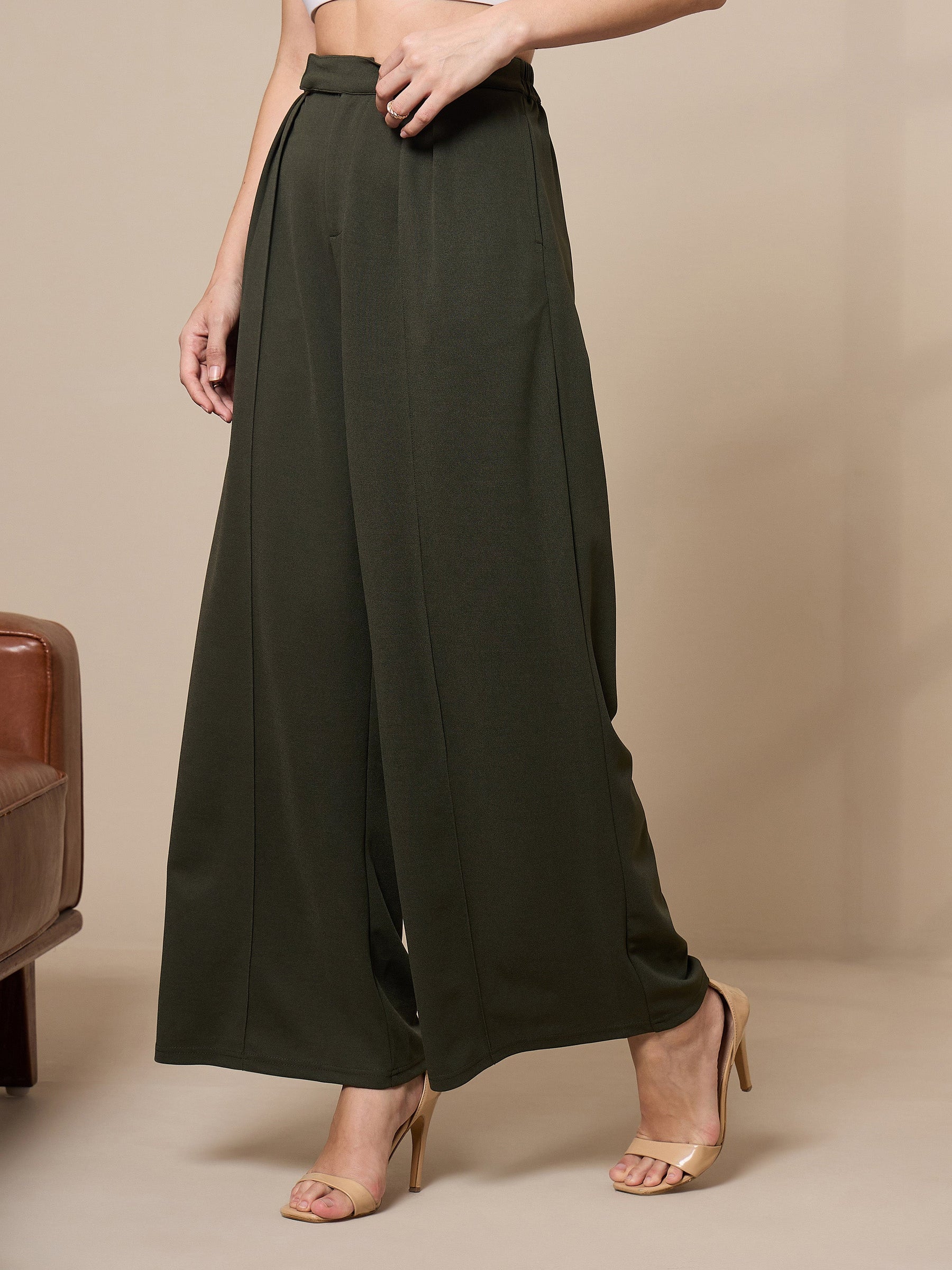 Olive Pleated Wide Leg Trousers-SASSAFRAS worklyf