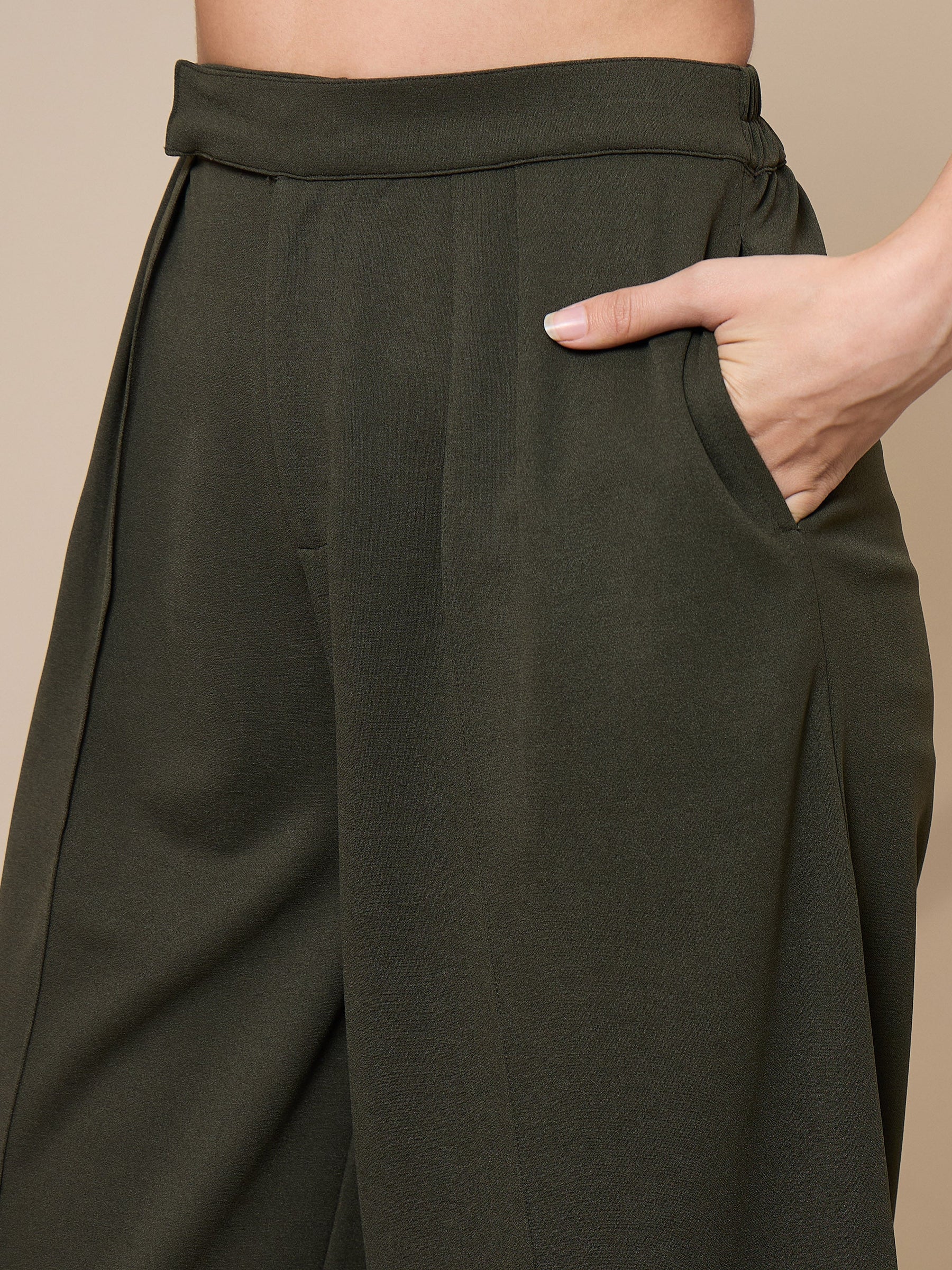 Olive Pleated Wide Leg Trousers-SASSAFRAS worklyf