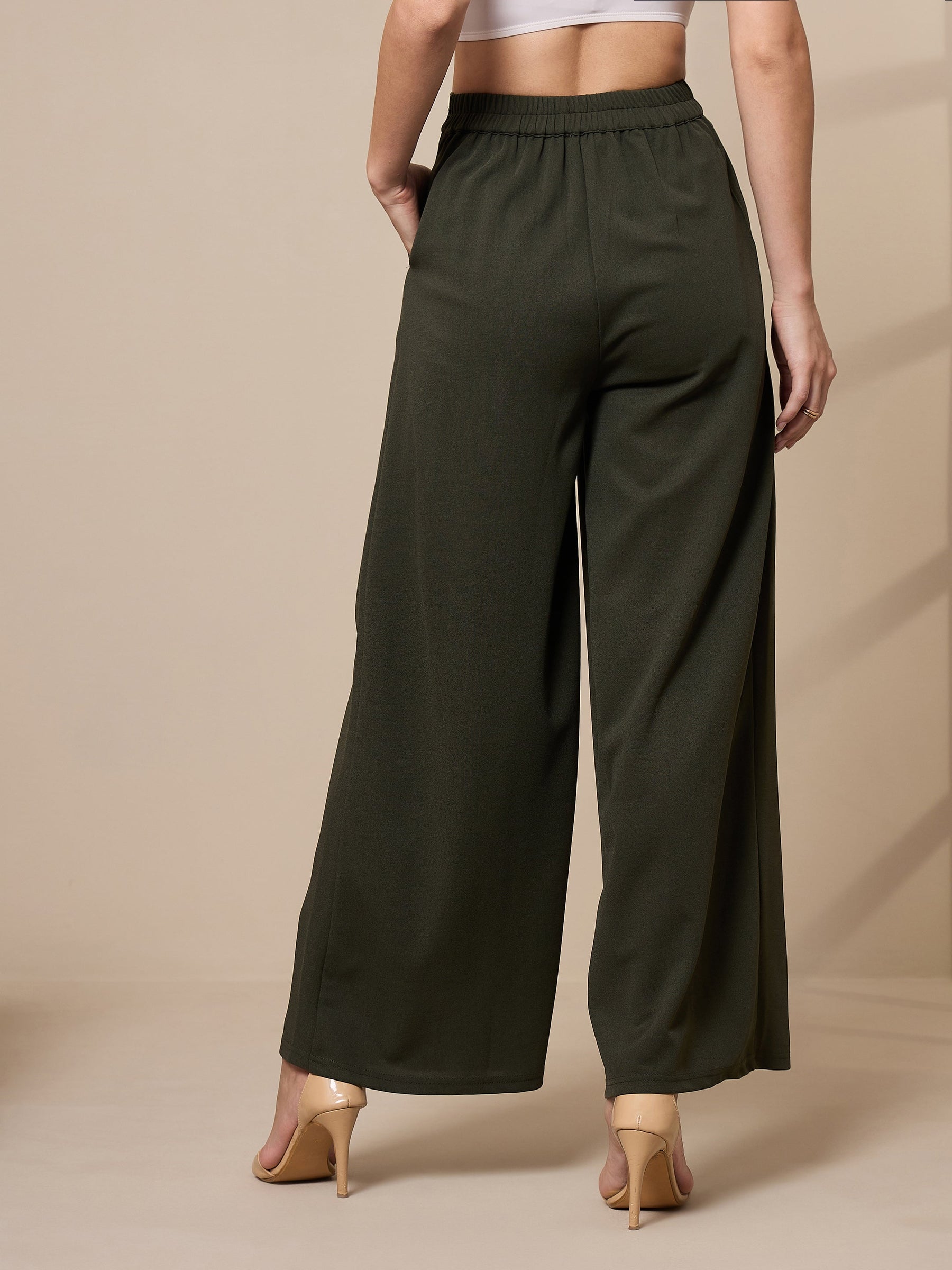 Olive Pleated Wide Leg Trousers-SASSAFRAS worklyf