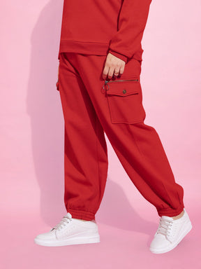 Red Fleece Cargo Zipper Joggers-SASSAFRAS Curve