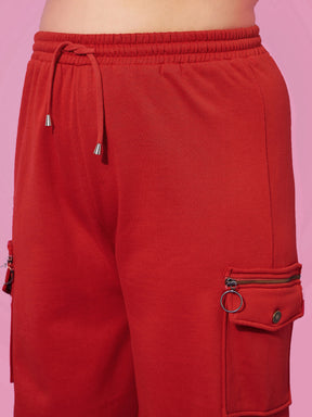 Red Fleece Cargo Zipper Joggers-SASSAFRAS Curve