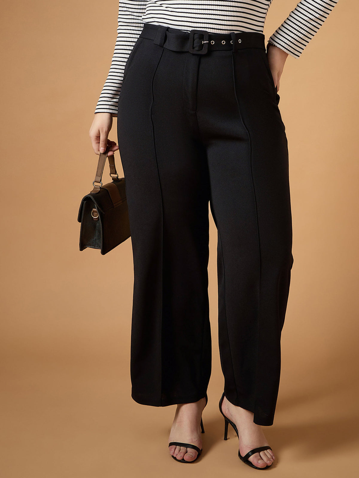 Black Belt Detail Straight Pants -SASSAFRAS Curve