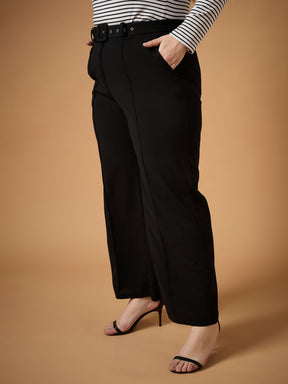 Black Belt Detail Straight Pants -SASSAFRAS Curve