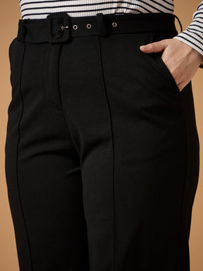 Black Belt Detail Straight Pants -SASSAFRAS Curve