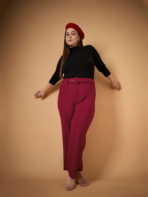 Maroon Belt Detail Straight Pants -SASSAFRAS Curve