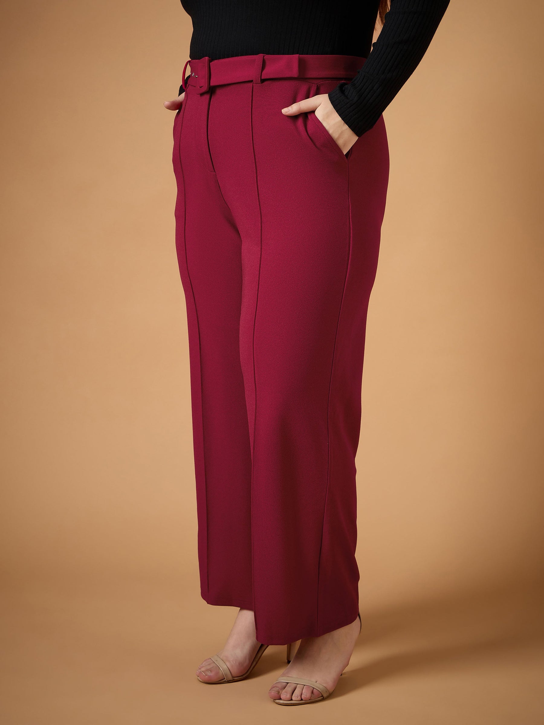 Maroon Belt Detail Straight Pants -SASSAFRAS Curve