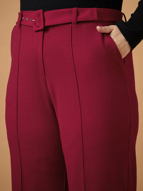 Maroon Belt Detail Straight Pants -SASSAFRAS Curve