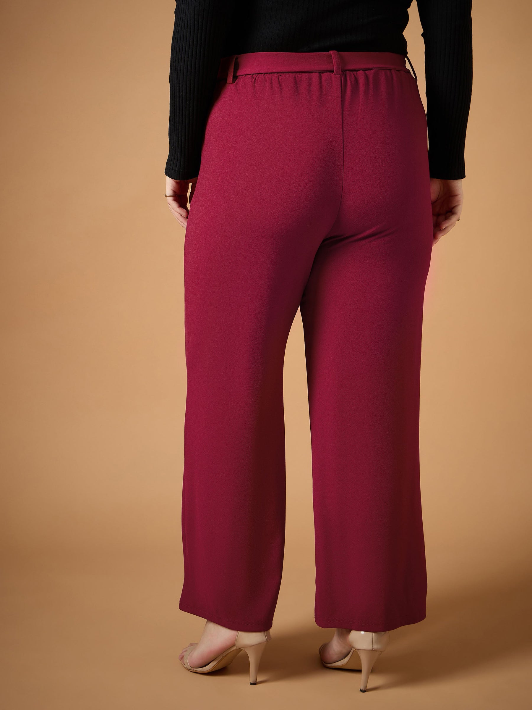 Maroon Belt Detail Straight Pants -SASSAFRAS Curve