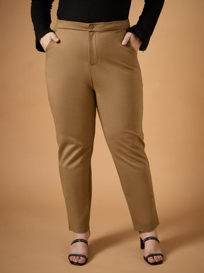 Beige Mom Fit Pants-SASSAFRAS Curve