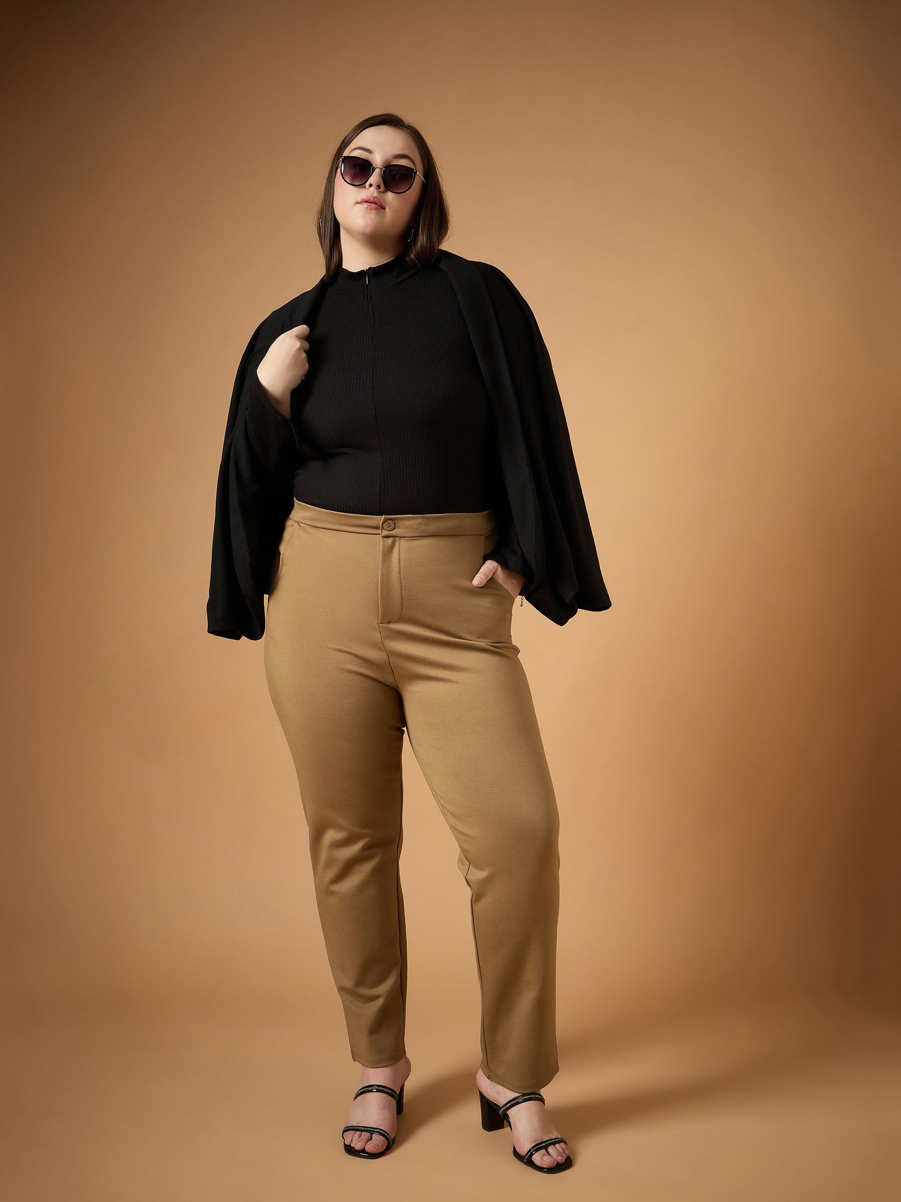 Beige Mom Fit Pants-SASSAFRAS Curve