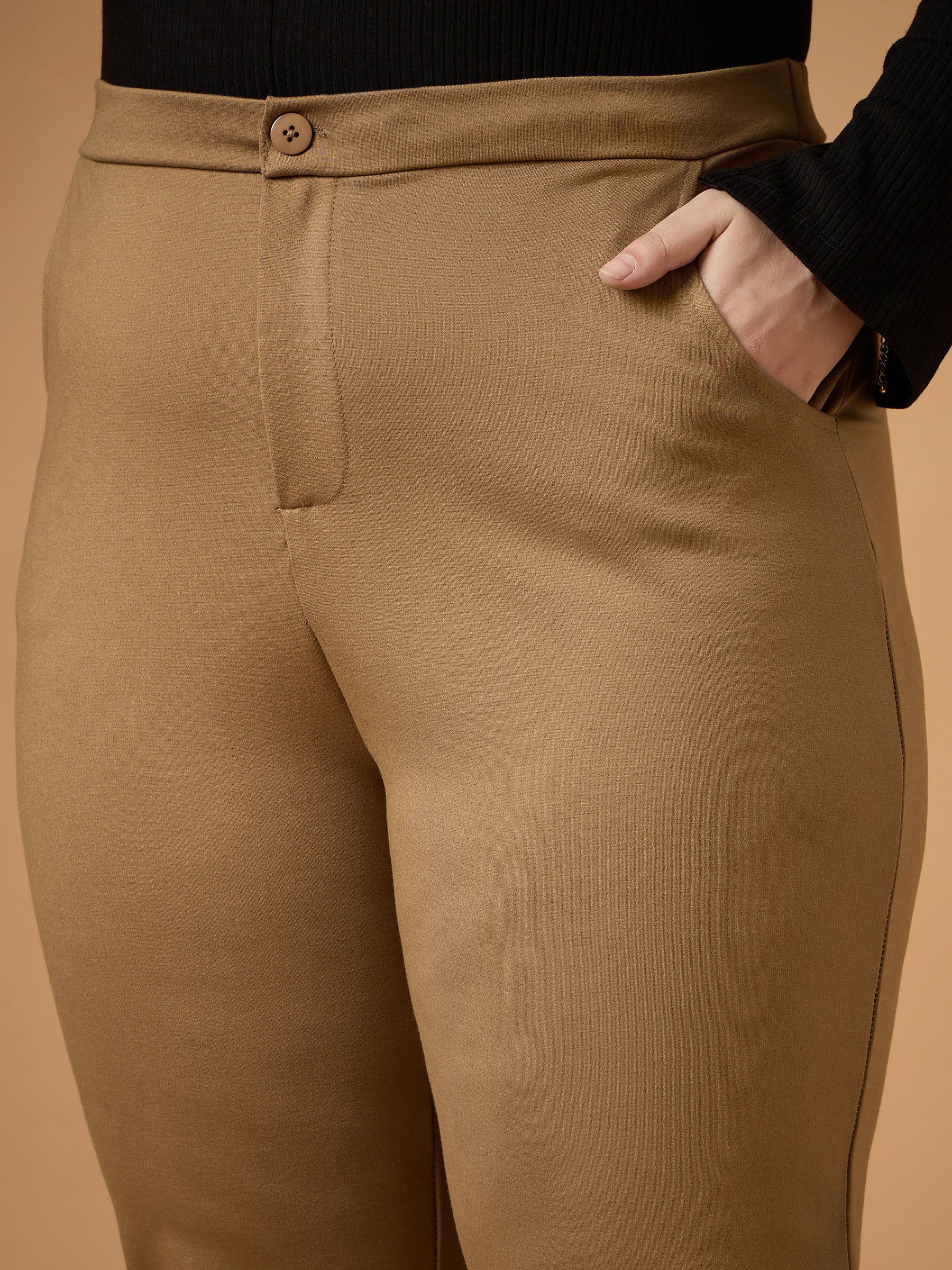 Beige Mom Fit Pants-SASSAFRAS Curve