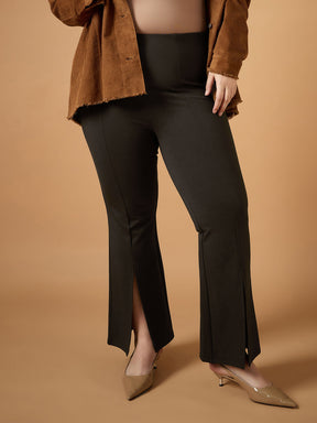 Brown Front Slit Detail Bell Bottom Pants-SASSAFRAS Curve