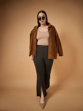 Brown Front Slit Detail Bell Bottom Pants-SASSAFRAS Curve