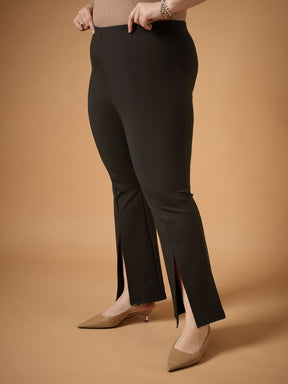 Brown Front Slit Detail Bell Bottom Pants-SASSAFRAS Curve