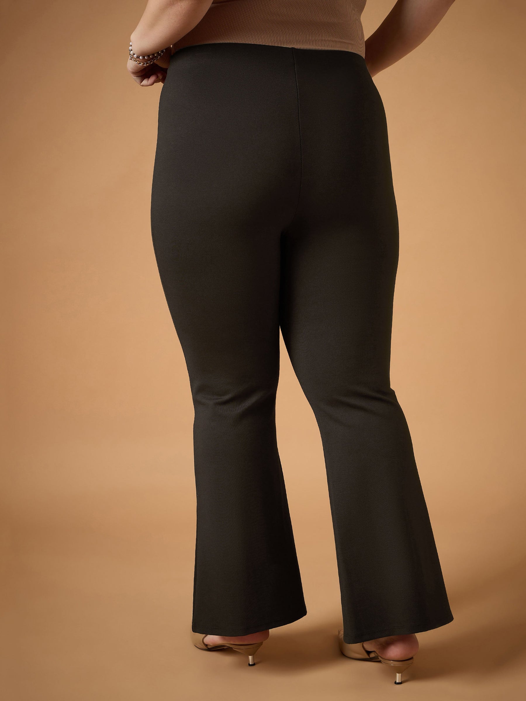 Brown Front Slit Detail Bell Bottom Pants-SASSAFRAS Curve