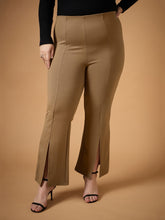 Beige Front Slit Detail Bell Bottom Pants-SASSAFRAS Curve