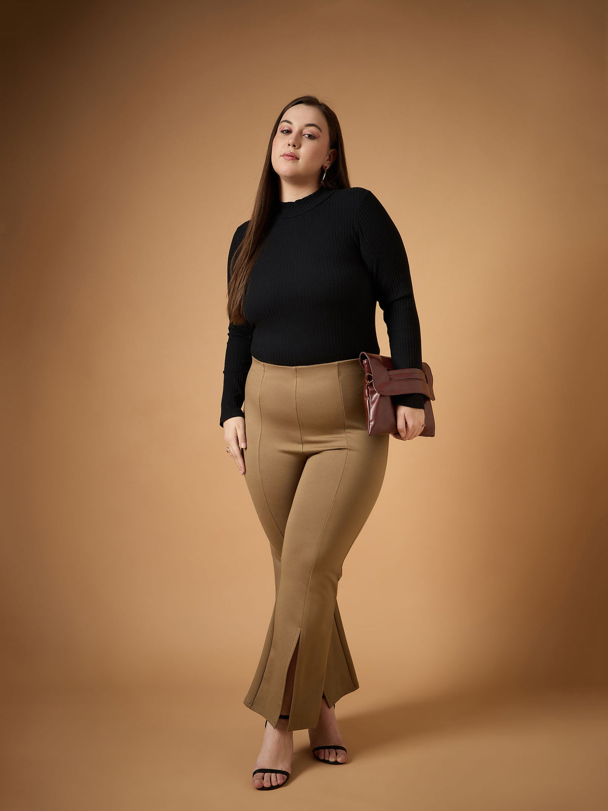 Beige Front Slit Detail Bell Bottom Pants-SASSAFRAS Curve