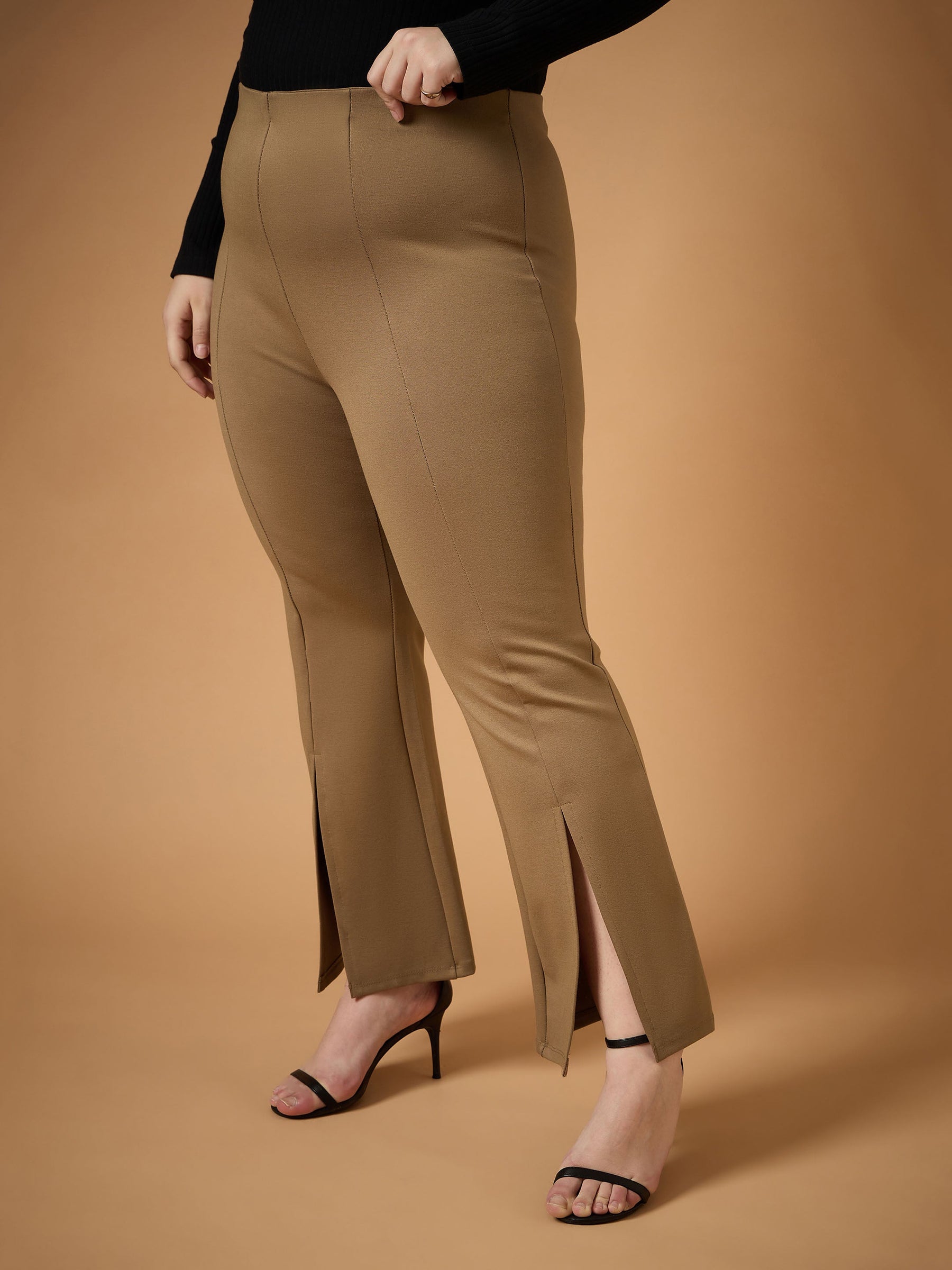 Beige Front Slit Detail Bell Bottom Pants-SASSAFRAS Curve