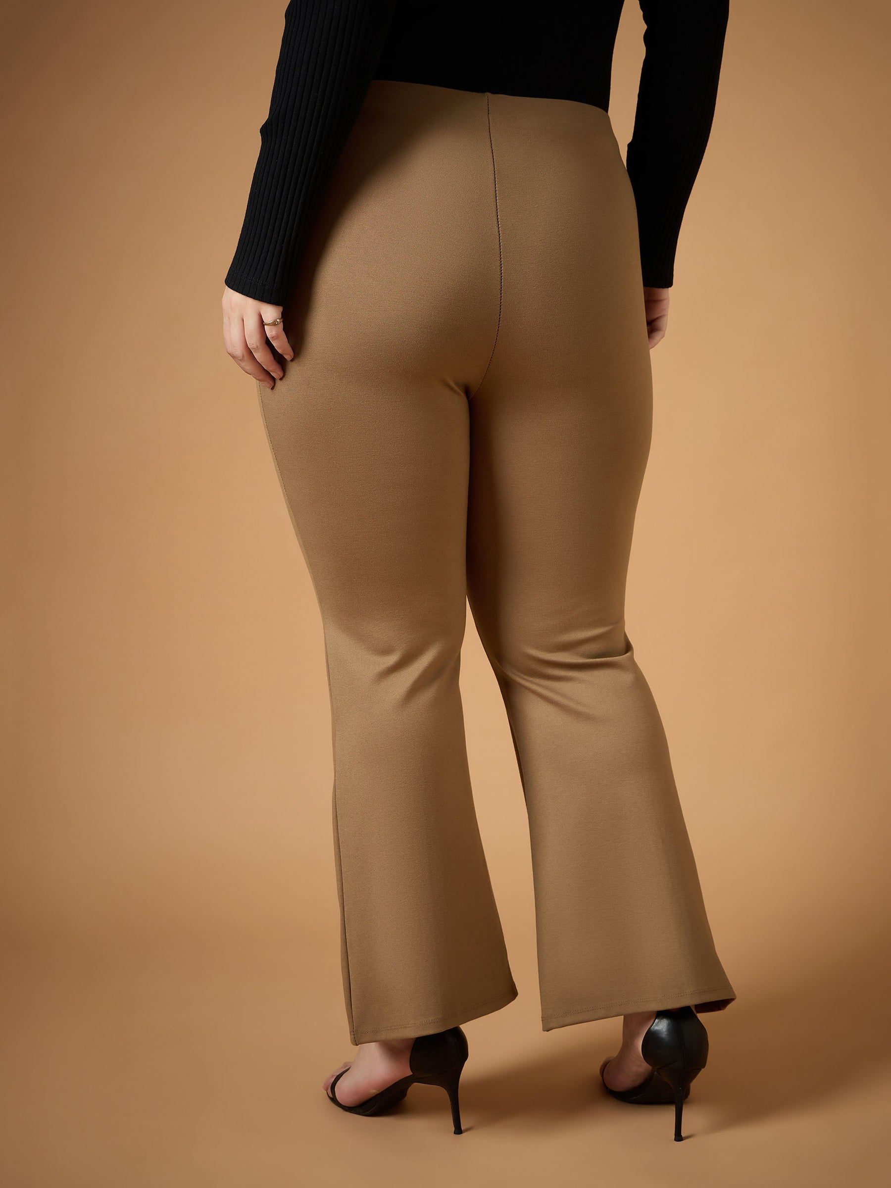 Beige Front Slit Detail Bell Bottom Pants-SASSAFRAS Curve