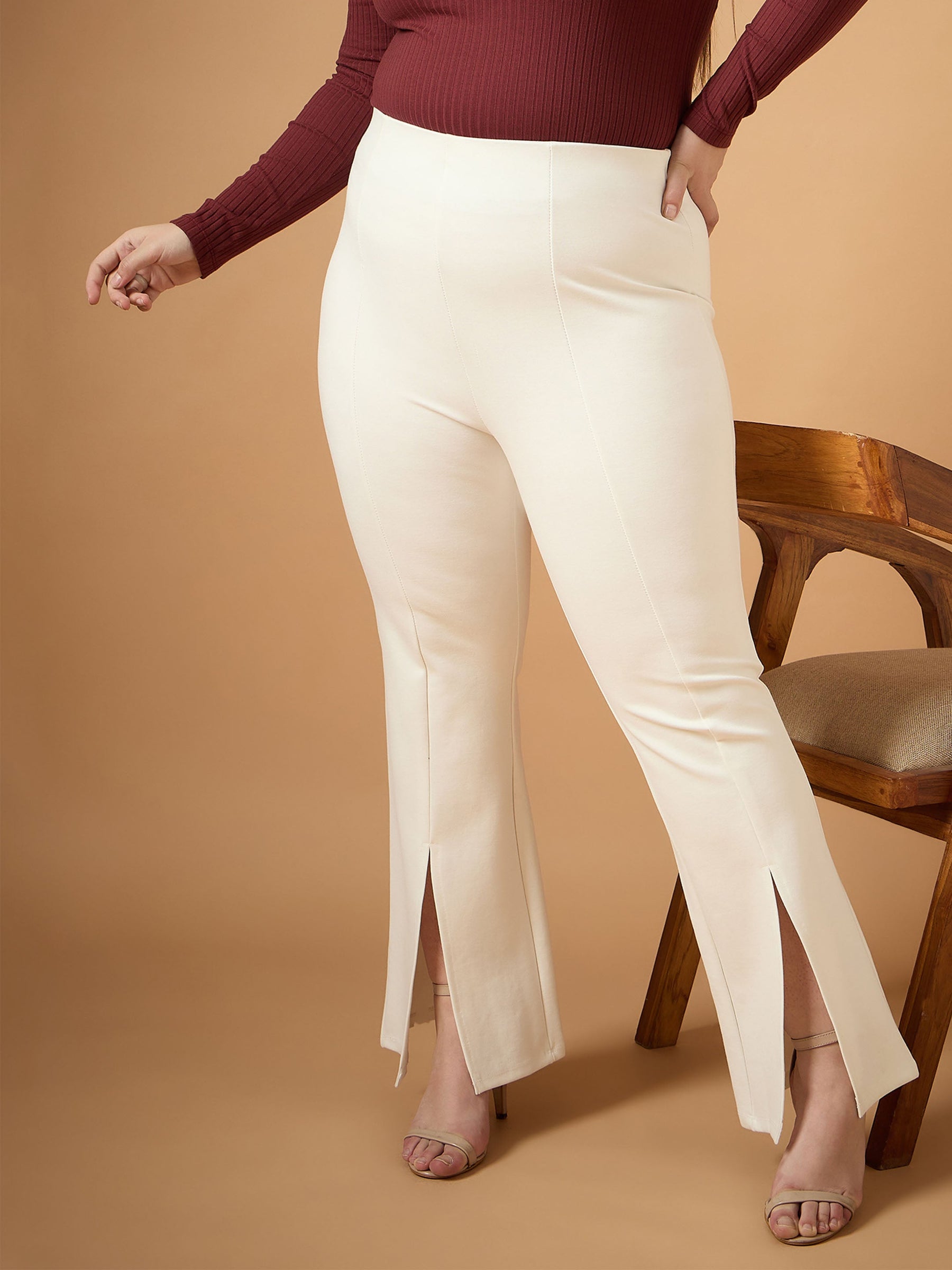 White Front Slit Detail Bell Bottom Pants-SASSAFRAS Curve