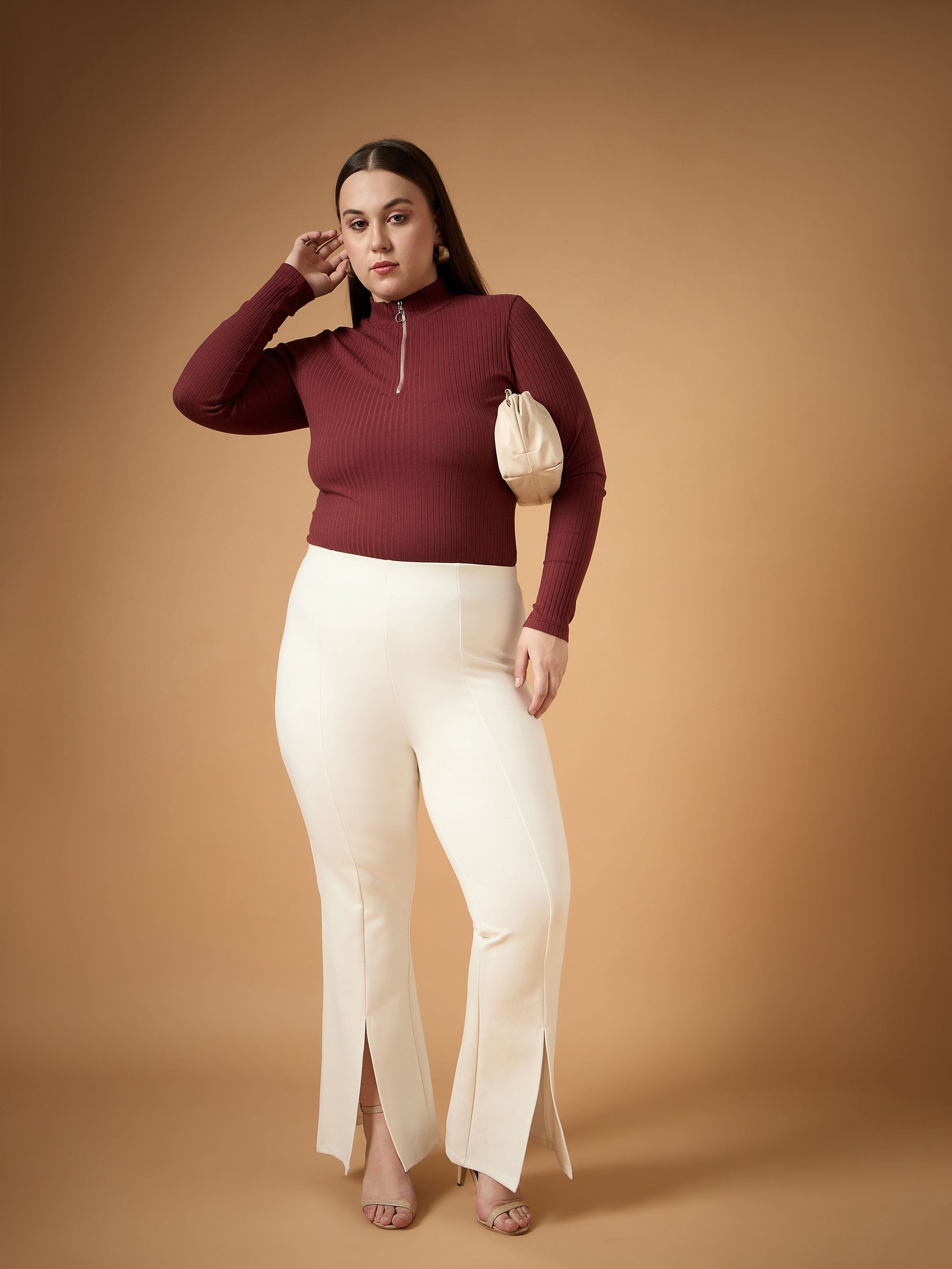 White Front Slit Detail Bell Bottom Pants-SASSAFRAS Curve